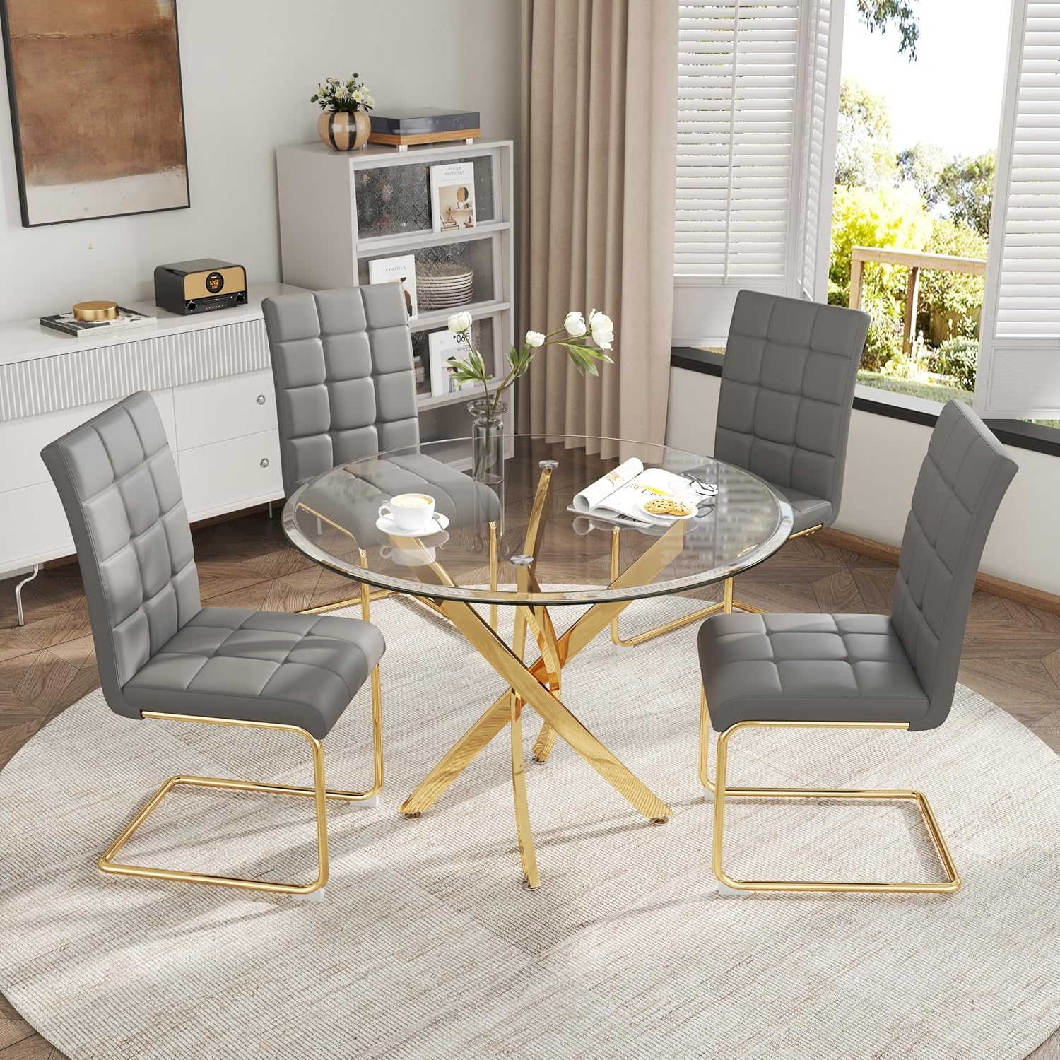 AF ARTISAN FURNITURE 5 Piece Round Glass Dining Table Set, Gold Glass Kitchen Table Set for 4 Modern Table Set with 4 Grey PU Upholstered Dining Chairs, for Small Space, Breakfast Nook