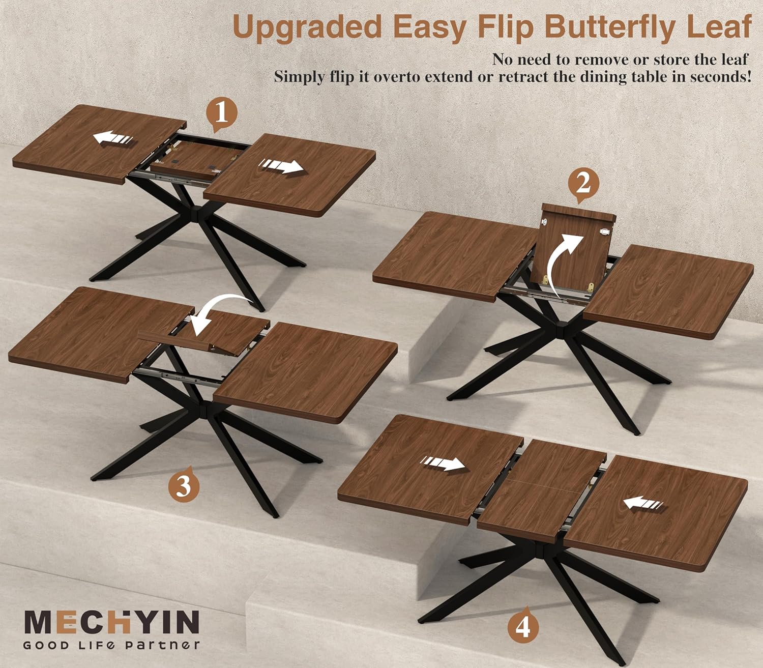 Extendable Dining Room Table for 4 6 8, 55"-70.9" Long Rectangle Kitchen Table,Wood Expandable Dining Table with Butterfly Leaf Self-Storing, Space Saving, For Kitchen Dining Living Room,Modern,Walnut | Simply Flip Leaf Expandable Rectangle Dining