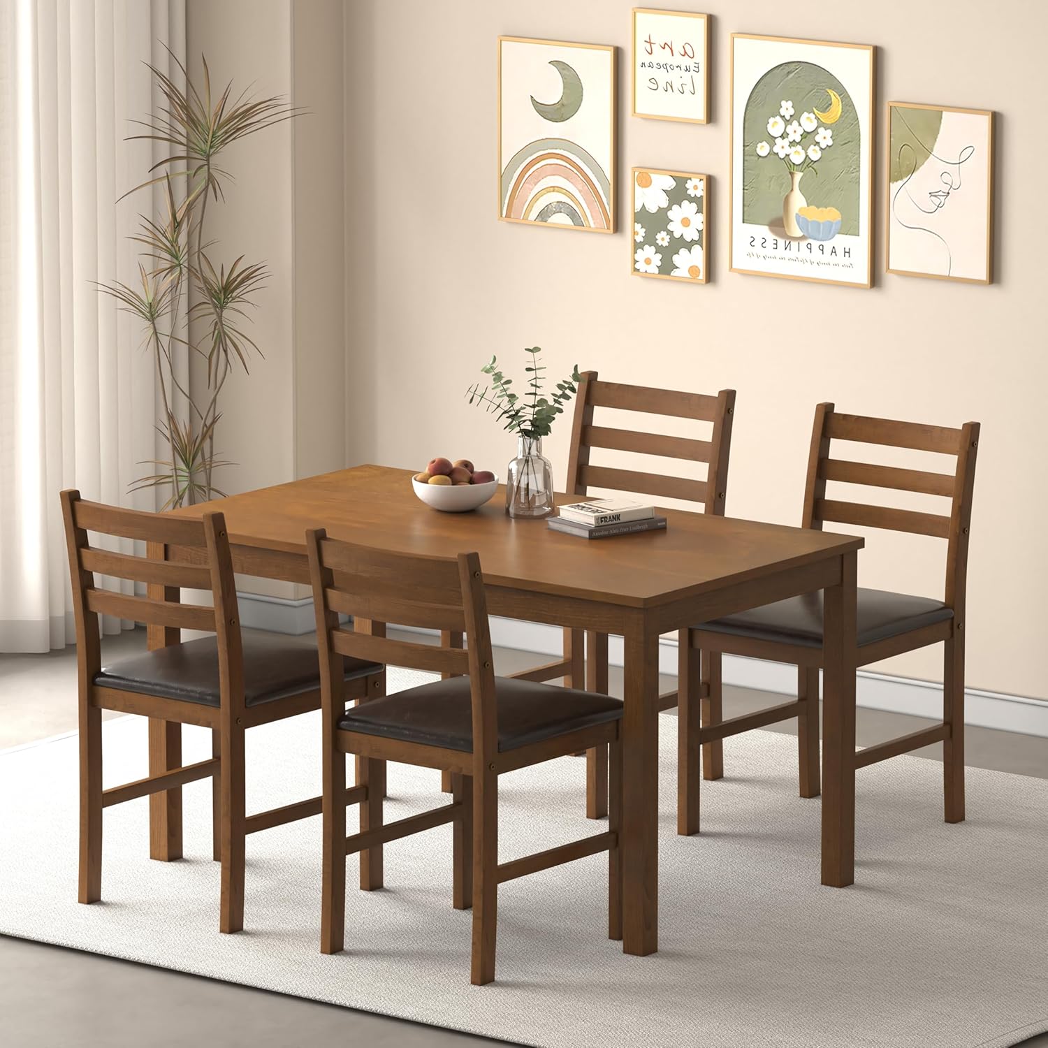 WiberWi Dining Table Set for 4, Solid Wood Kitchen Table and Chairs Set of 4, 43.3” Space-Saving Mid Century Modern Dining Room Table with Upholstered Chairs, Walnut