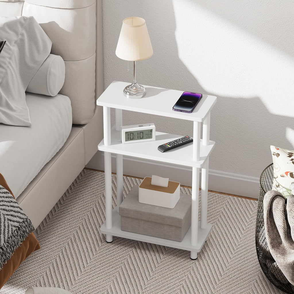 Apicizon Small Narrow Side Table, 3-Tier Skinny End Table with Storage Shelf, Slim Nightstand Bedside Table for Small Spaces, Living Room, Bderoom, White