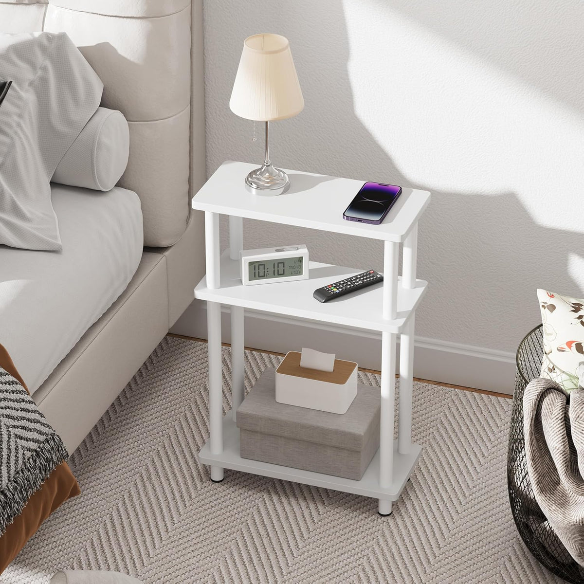 Apicizon Small Narrow Side Table, 3-Tier Skinny End Table with Storage Shelf, Slim Nightstand Bedside Table for Small Spaces, Living Room, Bderoom, White