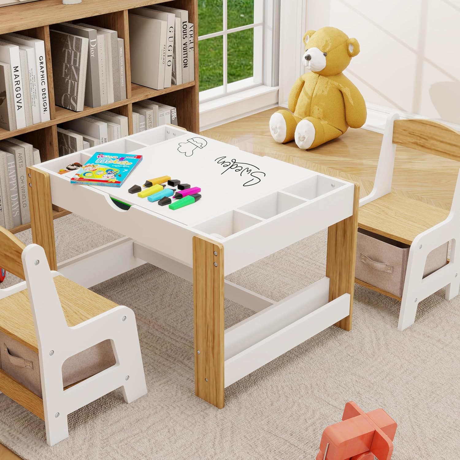 GDFStudio Kids 2-in-1 Activity Table & 2 Chairs Set LEGO-Compatible Play Table with Whiteboard Top, Storage Compartments & Canvas Drawer Chairs, Wooden Learning Desk Furniture for Playroom, White