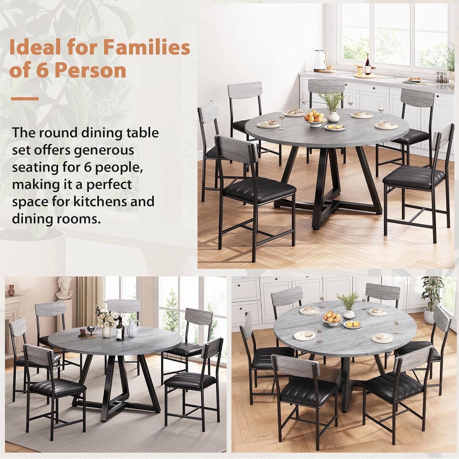 Round Dining Table Set for 6, Kitchen Table and Chairs for 6, Circle Table Round Pedestal Dining Room Dinner Dinette Table Set,7 Piece Space Saving Wood Kitchen & Dining Room Tables (Grey, 51In)