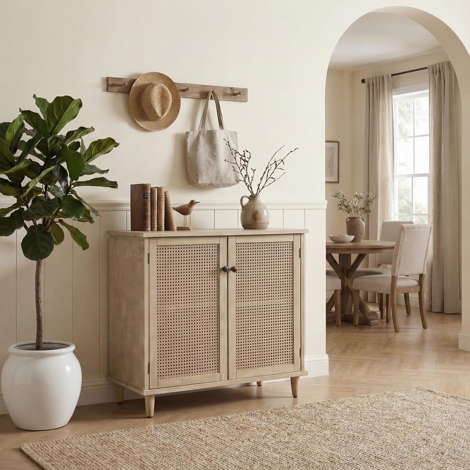 Fat Ant Buffet Cabinet with Storage, Rattan Sideboard Cabinet with 2 Magnetic Doors and Shelves, Kitchen Sideboard Accent Cabinet for Hallway, Entryway, Living Room, Kitchen, Natural