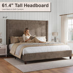 HOWE Upholstered King Size Bed Frame with 61" Wingback Headboard, Chestnut