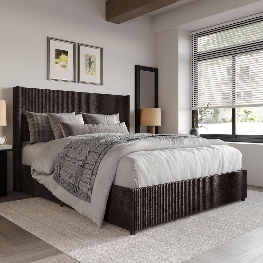 Queen Wingback Velvet Upholstered Platform Lift-Up Storage Bed, Vertical Stitching Design, Brown