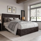Queen Wingback Velvet Upholstered Platform Lift-Up Storage Bed, Vertical Stitching Design, Brown