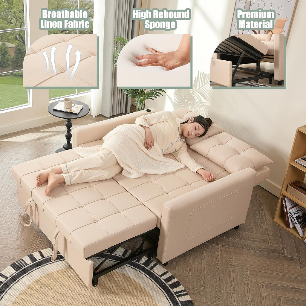 GOSUHI 52" 3-in-1 Convertible Sleeper Sofa Bed, Linen, Beige | Pull-Out Bed, Stepless Adjustable Backrest, Side Pocket, Compact Loveseat, Living Room, Dorm & Apartment