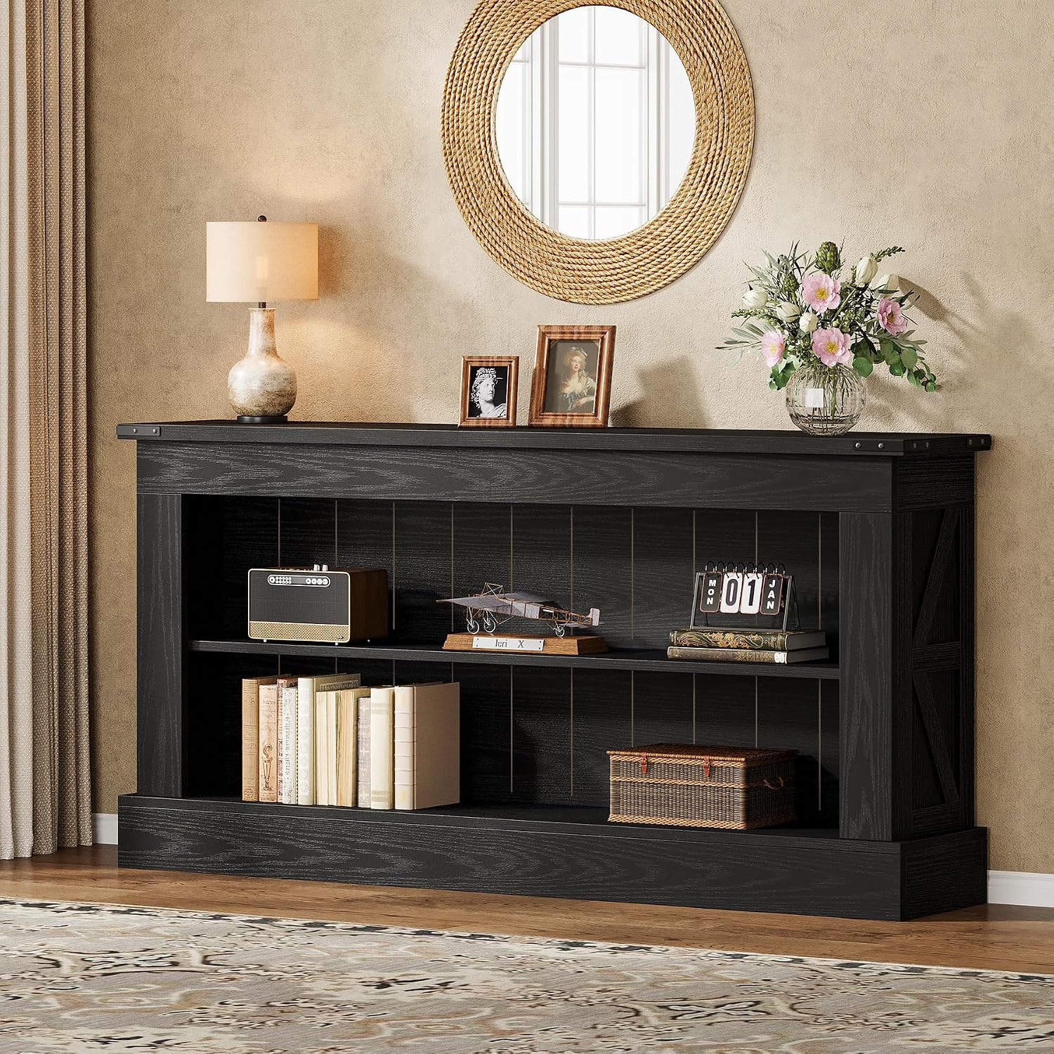 Tribesigns 63-Inch Long Console Table for Entryway, Narrow Long Entry Table with Shelves for Living Room, Farmhouse Sofa Console Behind Couch, for Foyer, Hallway, Black