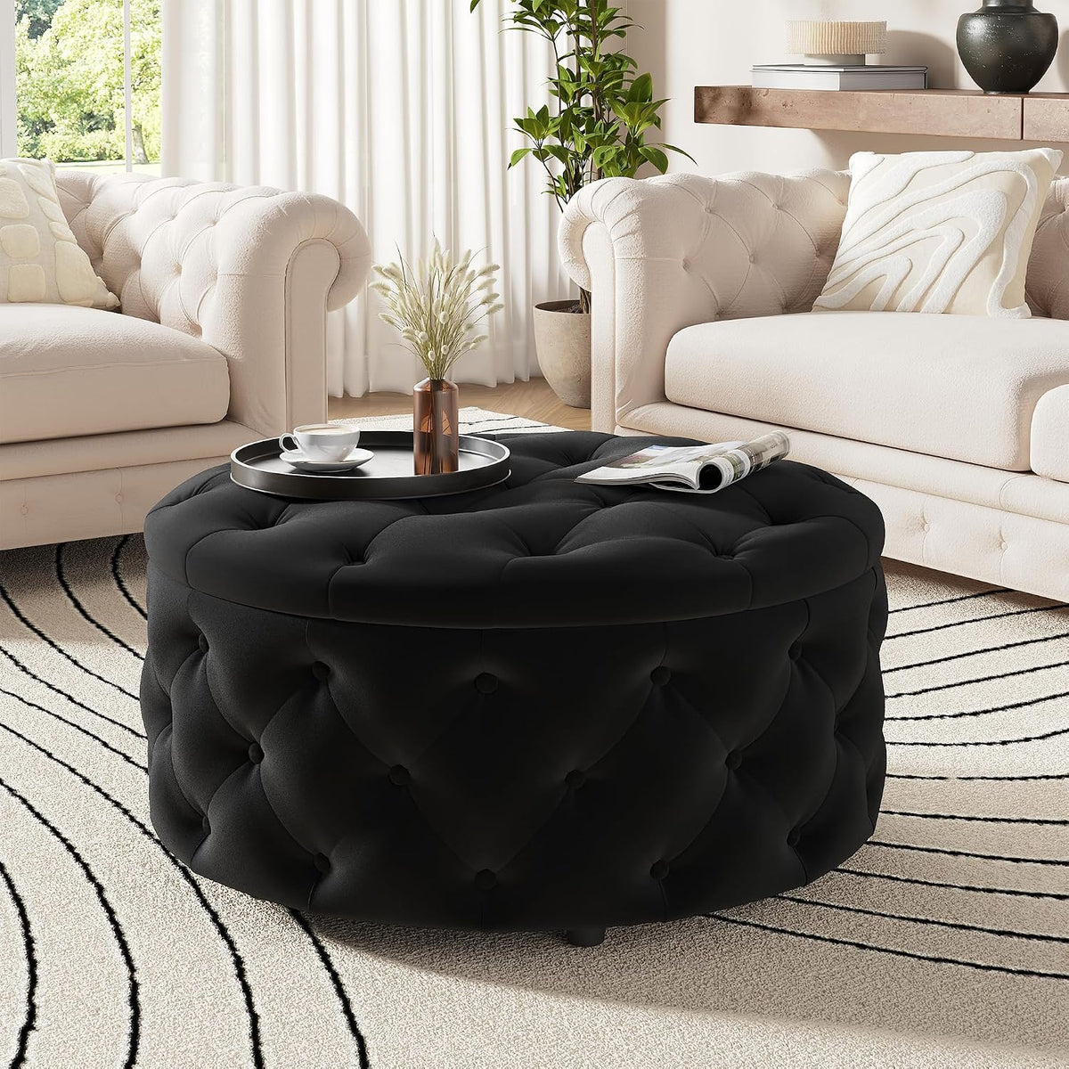FiveWillowise 30 Inch Round Ottoman with Storage Tray,Large Coffee Table | Circle Modern Button Footstool with Removable Lid,Cozy Foot Stools for Living Room, Bedroom,Makeup Room,Black