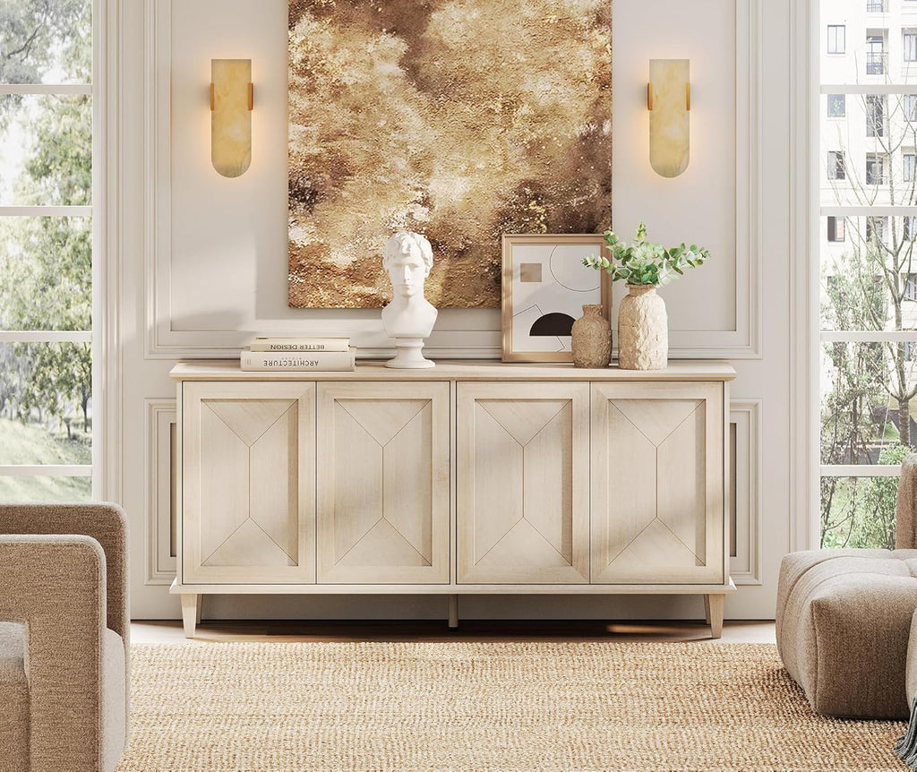 WAMPAT 65-inch Handcrafted Patchwork Decorative Buffet Cabinet with Pop-Up Design Doors,Full Unit Modern Farmhouse Accent Credenza for Coffee Bar, Kitchen, and Living Room,Beige Light Oak