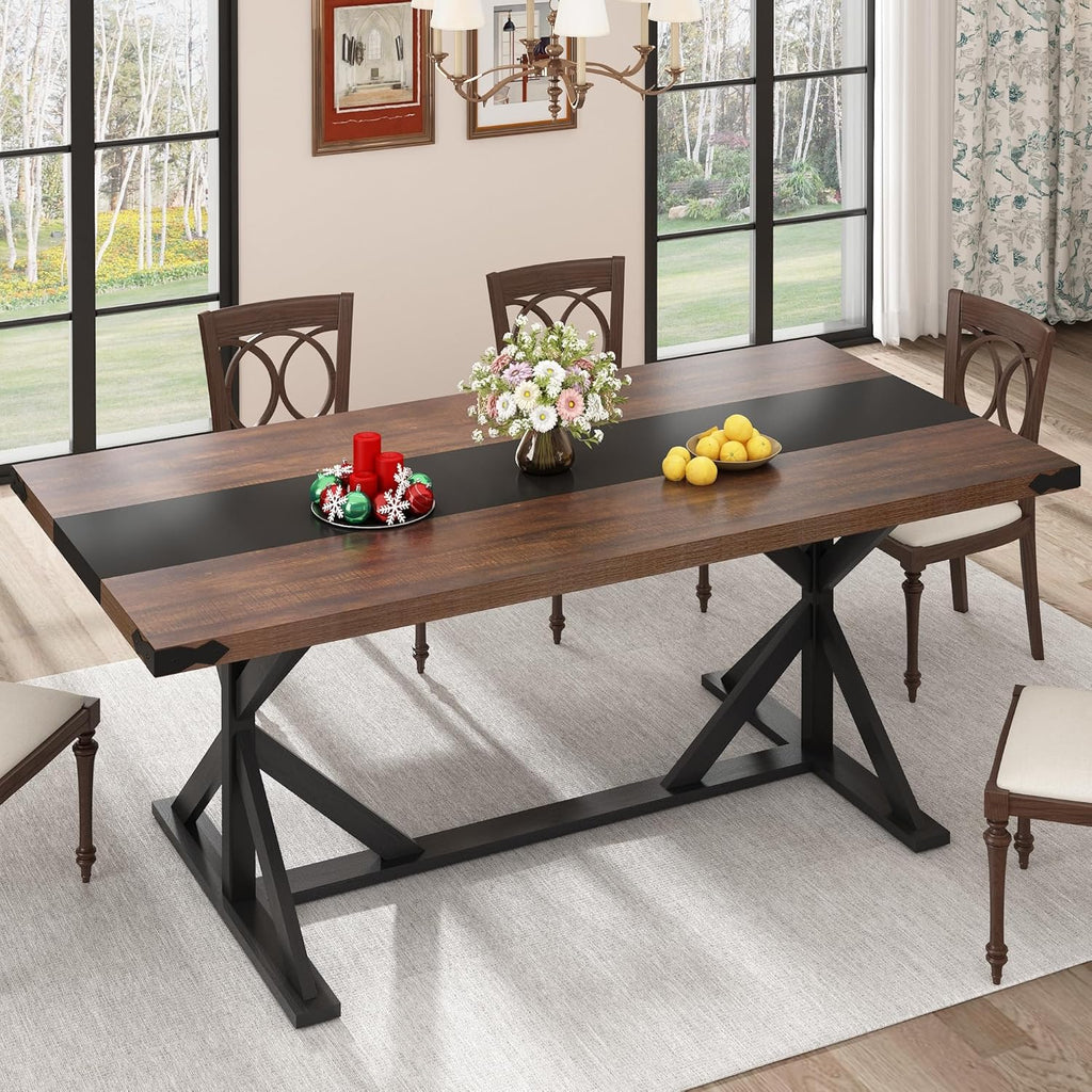 Hlivelood 71 Inch Dining Table for 6 People, Rectangular Kitchen Farmhouse Table W/Thickness Waterproof Wood Tabletop,Long Dining Room Tables W/Wood Strip Base for Kitchen Living Room(Brown&Black)