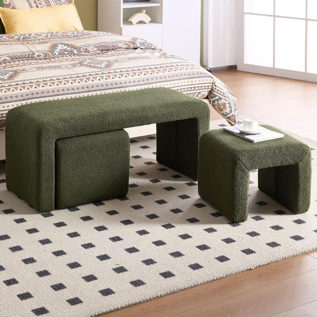 LukeAlon 3-Piece Nesting Ottoman Bench Set, 40.5" Wide Upholstered End of Bed Bench with 2 Small Stools Sherpa Comfy Entry Bench Vanity Stools Modern Arched Bench for Living Room Bedroom, Green