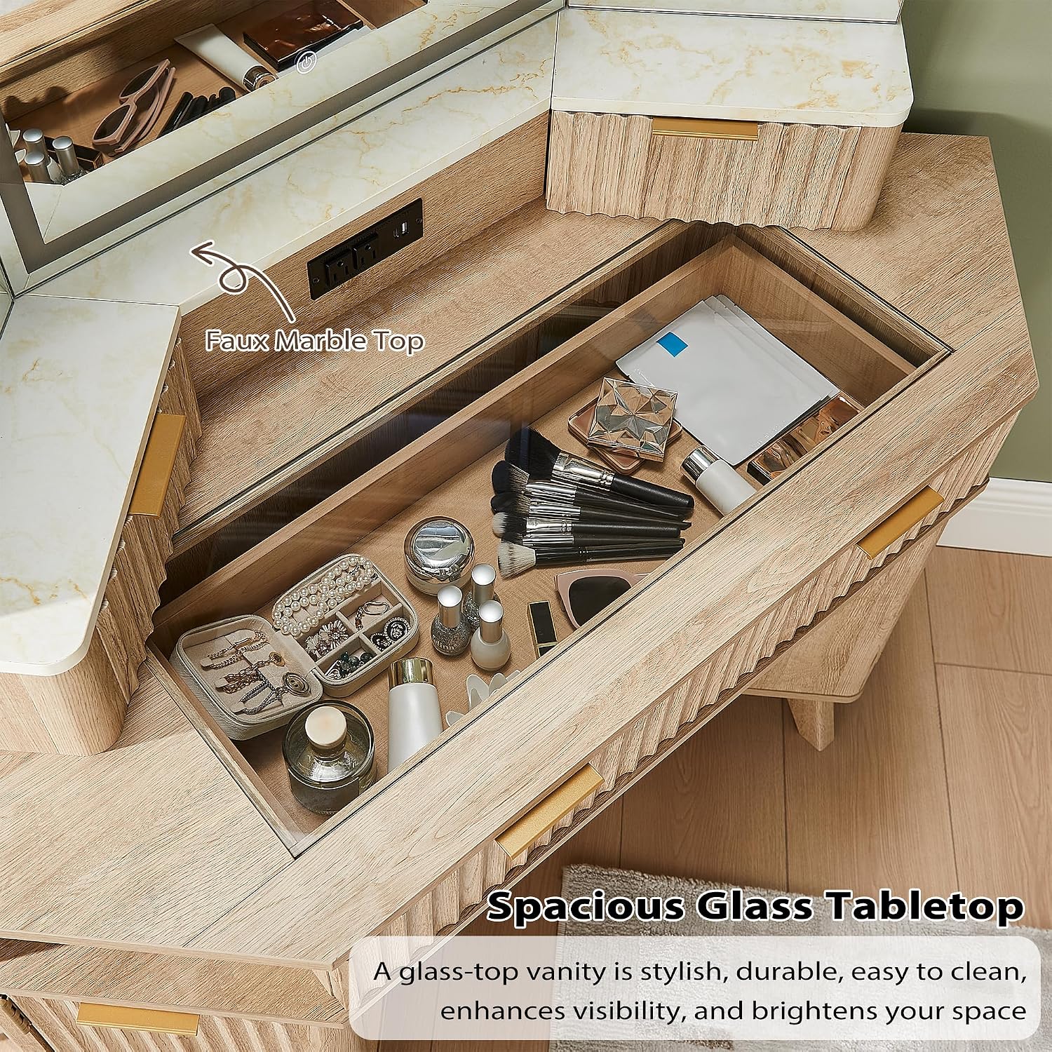 T4TREAM 48" Fluted Corner Makeup Vanity Desk with 3 Way Mirror and Light | Dimmable LED Light, Touch Control, Glass Top, Charging Station, Spacious Drawers, Storage Shelves, Open Cubby, for Bedroom