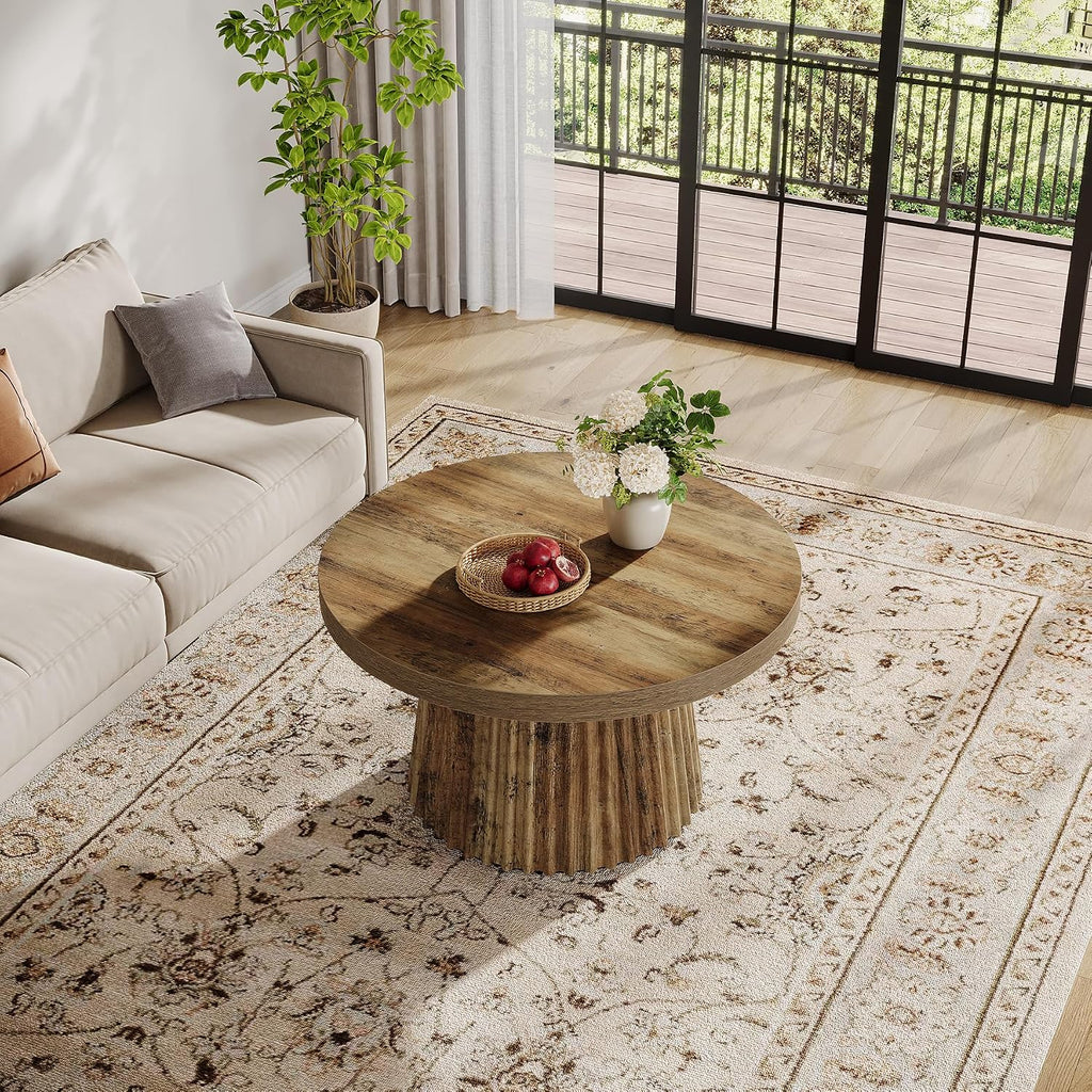 Tribesigns 31.5" Round Coffee Table, Modern Fluted Drum Coffee Tables for Living Room, Wood Farmhouse Boho Accent Pedestal Center Table for Apartment, Small Space, Brown