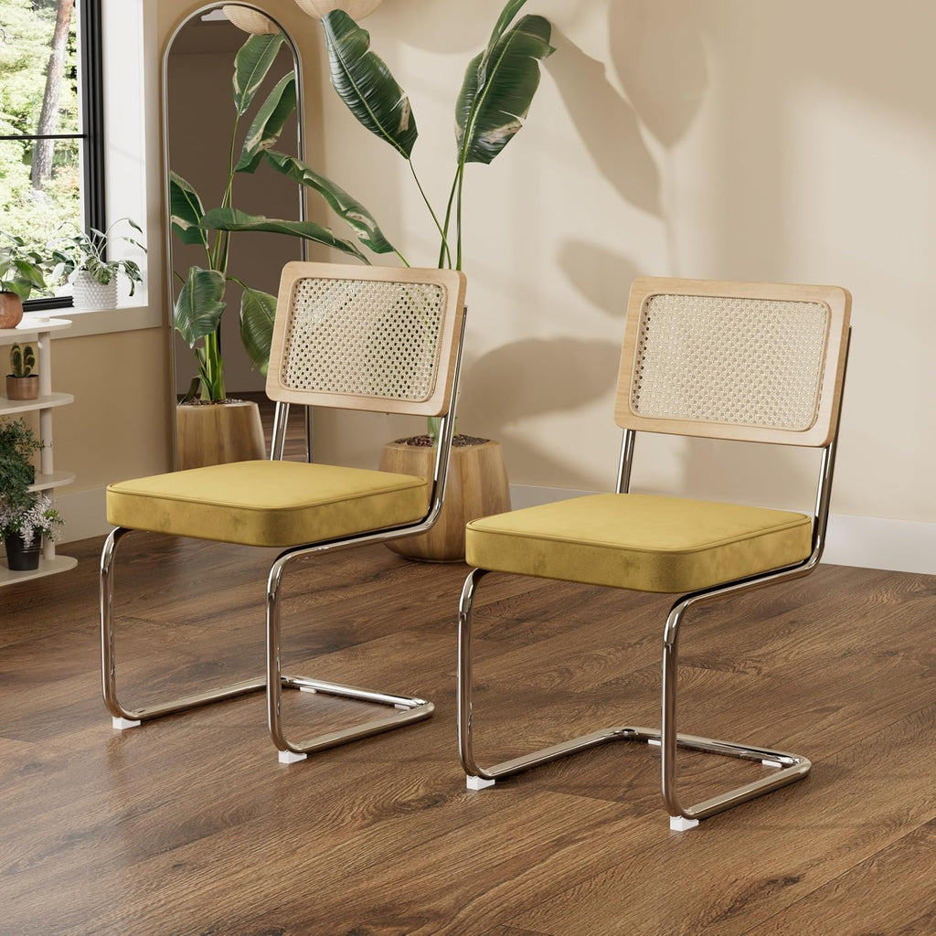 Rattan Dining Chairs Set of 2, Mid Century Kitchen Chairs with Natural Mesh Rattan Backrest & Metal Chrome Legs, Cesca Design Velvet Dining Room Chairs for Kitchen, Gold Yellow(Chair Only)