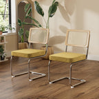 Rattan Dining Chairs Set of 2, Mid Century Kitchen Chairs with Natural Mesh Rattan Backrest & Metal Chrome Legs, Cesca Design Velvet Dining Room Chairs for Kitchen, Gold Yellow(Chair Only)
