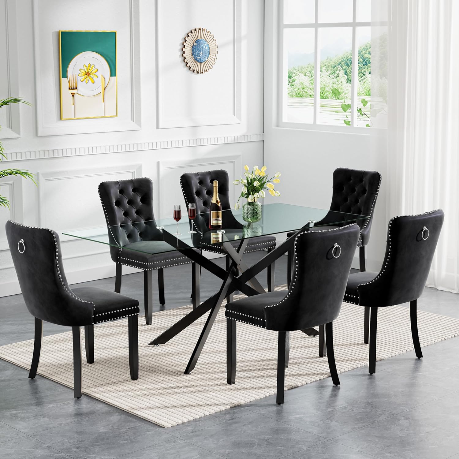 HomVent 7 Piece Rectangular Glass Dining Table Set, Tempered Glass Dinner Table Set for 6 Kitchen Table Set with 6 Velvet Upholstered Chairs for Kitchen Dining Room
