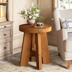 Round Side Table, Farmhouse Solid Wood End Table for Couch, Mid Century Modern Side Table with Heavy-Duty Legs, Small Bedside Table for Bedroom, Living Room, Walnut