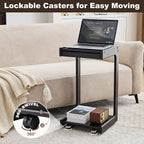Uniclinens Rolling Side Table for Sofa - C Shape Couch End Table with Wheels, Mobile Wooden Slim Sofa Tray, Movable Small Couch Desk for Living Room Bedroom, Black