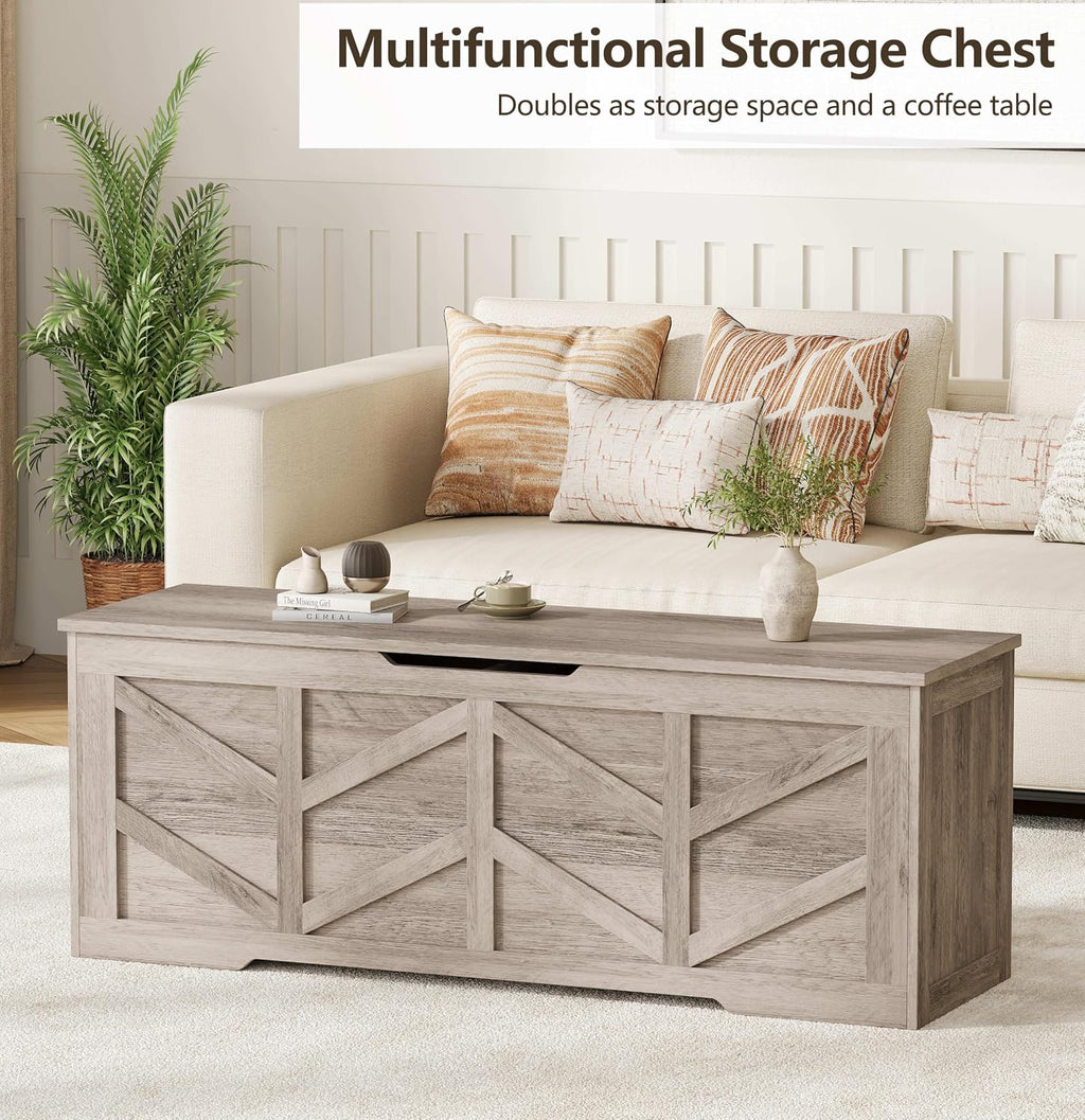 Extra Large Storage Chest, Storage Bench with 2 Safety Hinges | 51.2" Storage Trunk Supports 330 lb, Wooden Farmhouse Blanket Storage for Bedroom, living room, entryway, Greige