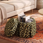 18" Round Storage Ottoman, Upholstered Leopard Print Stool-Foot Rest Skirt Hem, Footstool Pouf with Vietnam Acacia Wood Frame(500Lbs), Reversible Tray Lid for Bedroom,Fully Assembled
