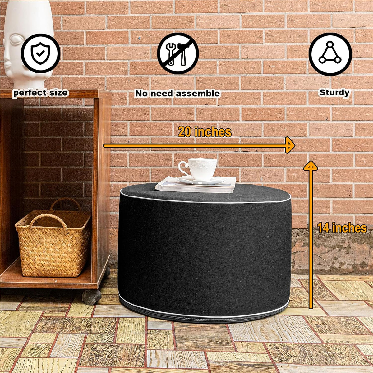 Outdoor Ottomans for Patio Pouf Waterproof Fade-Resistant Ottoman Foot Rest for Outdoor - Ottoman Chair Filled with High-Density All-in-One Foam, 20" D x 14" H Inches (Black, Round)