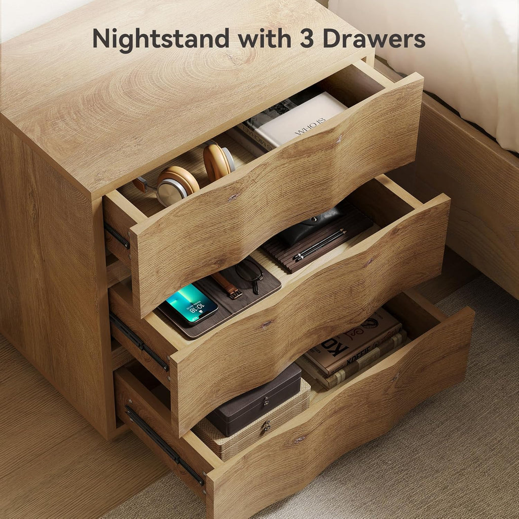 LITTLE TREE End Table with 3 Drawers, Fluted Nightstand, Farmhouse Bedside Table, Wood Nightstand, Small Bedroom Dresser, Rustic Wood End Table with Storage for Living Room, Bedroom, Closet, Natural