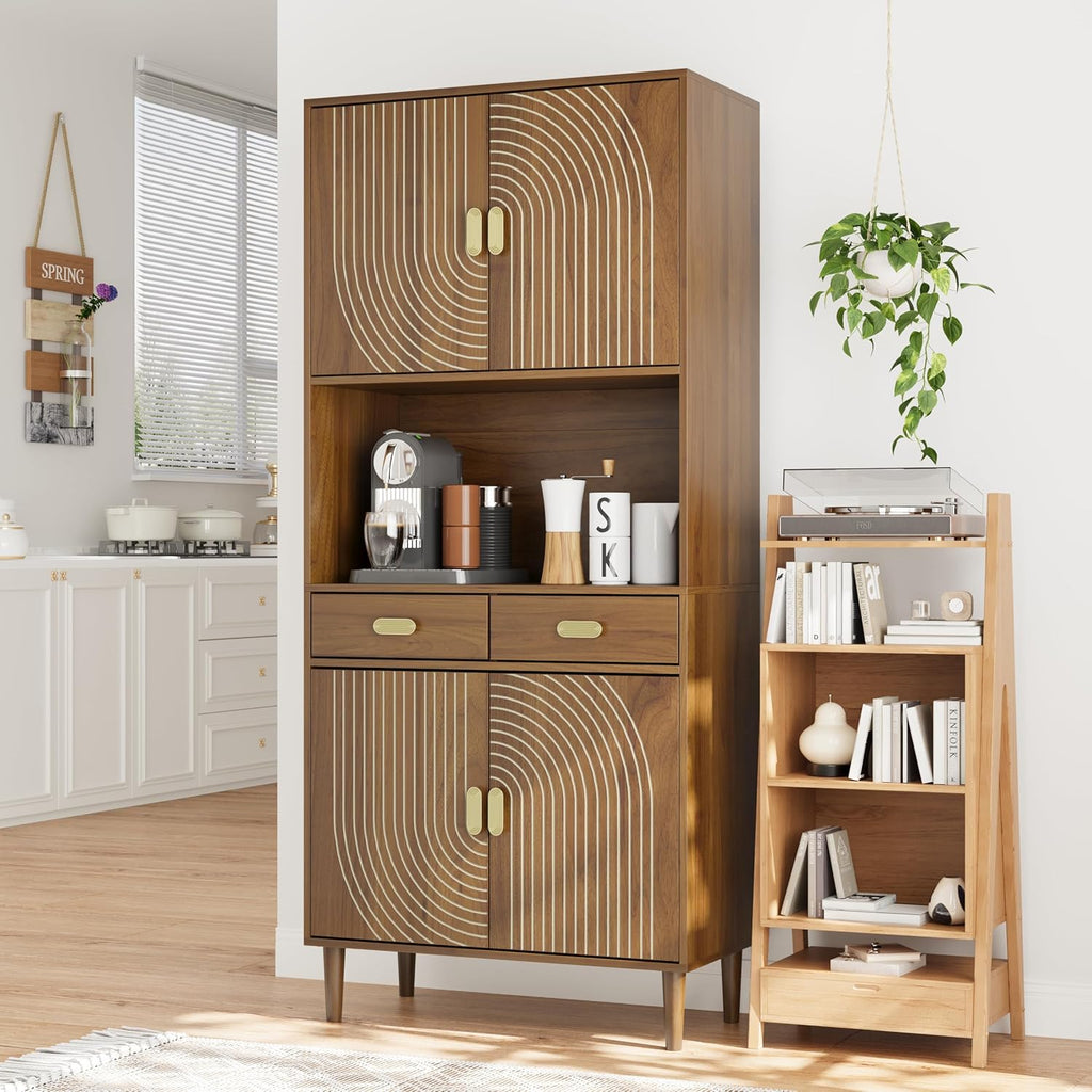 Smart FENDEE 70.87" Tall Kitchen Pantry Cabinet with Line Grooved Doors, Storage Cupboard with 2 Drawers, Adjustable Shelves & Gold Handles for Dining Room, Bathroom, Walnut