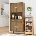 Smart FENDEE 70.87" Tall Kitchen Pantry Cabinet with Line Grooved Doors, Storage Cupboard with 2 Drawers, Adjustable Shelves & Gold Handles for Dining Room, Bathroom, Walnut