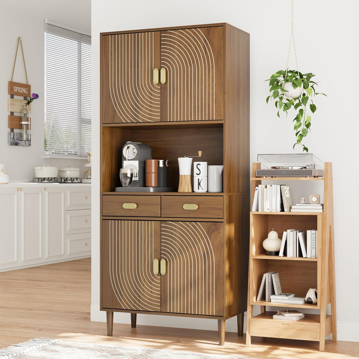 Smart FENDEE 70.87" Tall Kitchen Pantry Cabinet with Line Grooved Doors, Storage Cupboard with 2 Drawers, Adjustable Shelves & Gold Handles for Dining Room, Bathroom, Walnut