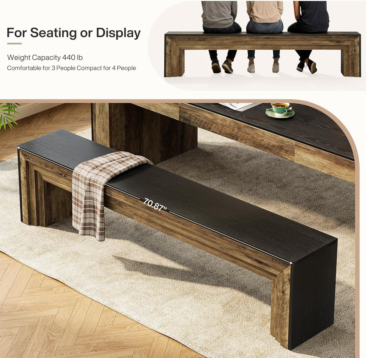 Tribesigns 70.9-Inch Extra Long Dining Bench, Farmhouse Wooden Kitchen Bench Seating for Table, Dining Room, Entryway, Living Room, Bedroom, Black & Brown