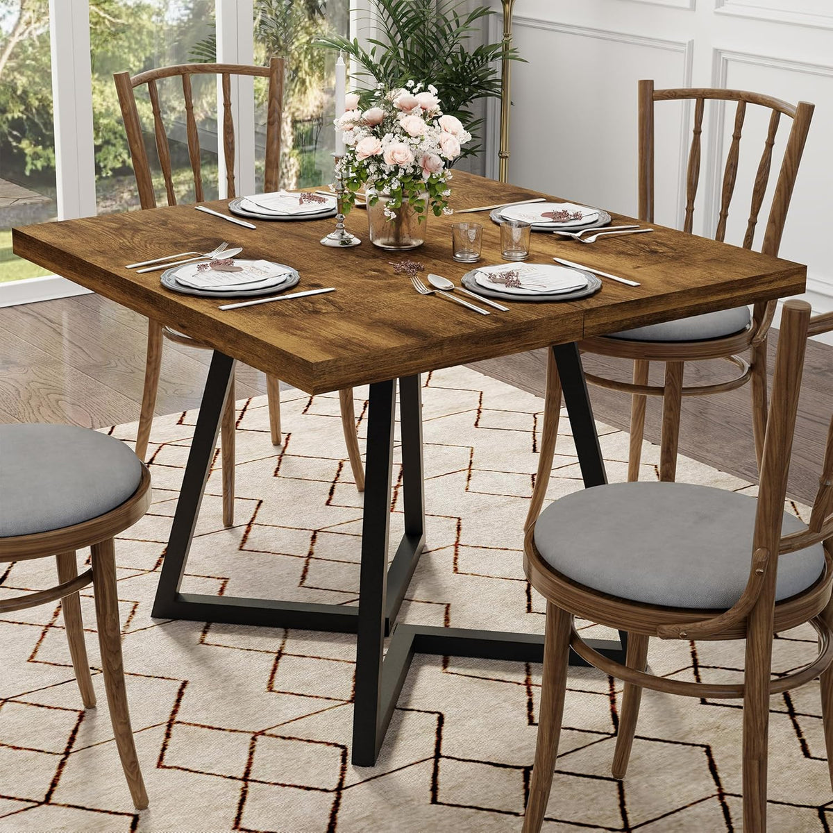 Apicizon Square Kitchen Dining Table for 2, Small Ktichen Table with Metal Base, 31.5" Modern Dinner Table for Dining Room Apartment Restaurant, Rust Brown