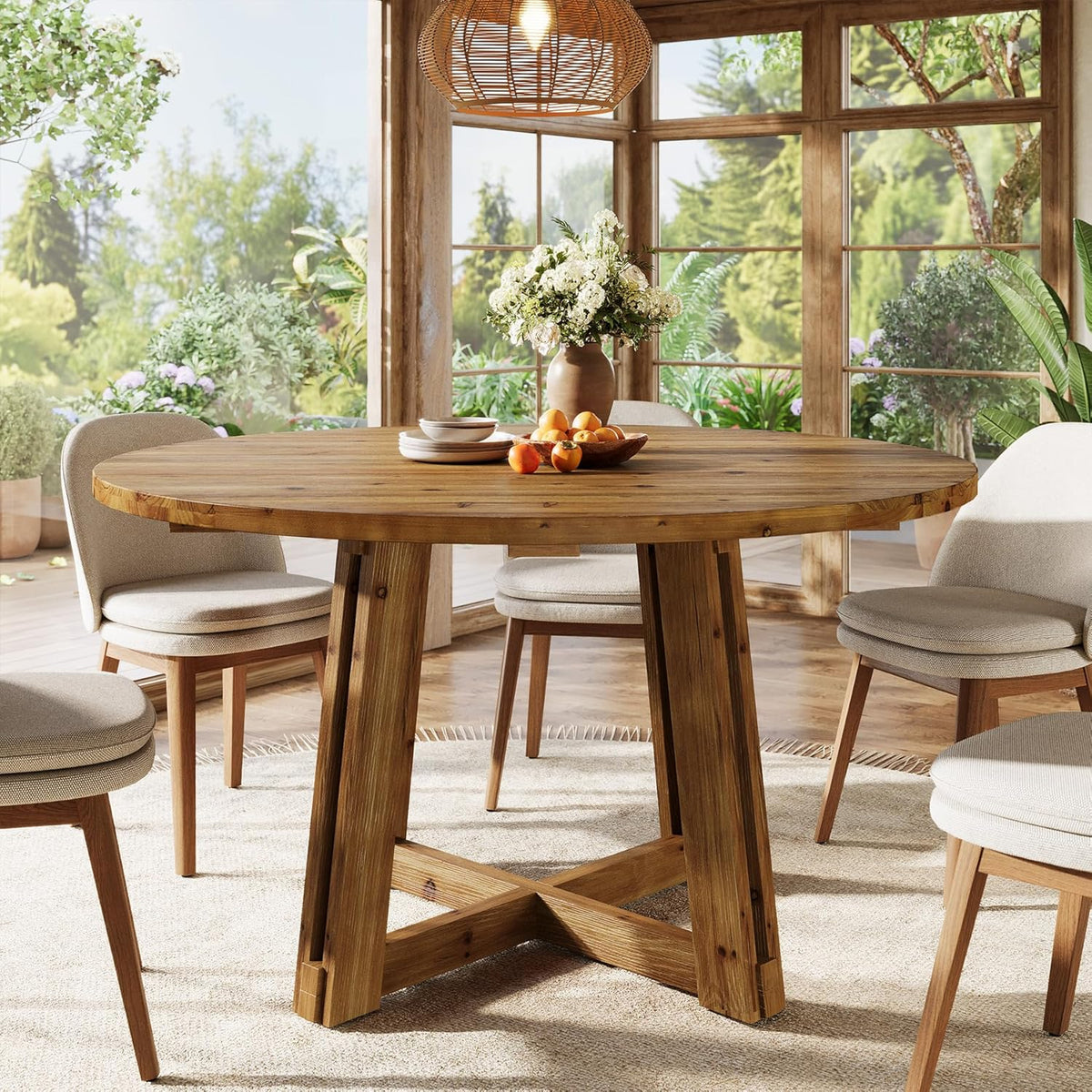 47.3" Solid Wood Dining Table for 4-6, Round Wood Kitchen Table | Farmhouse Kitchen & Dining Room Table, Sturdy and Stable, Circle Dinner Table with Wood Legs, Easy Assembly, Rustic Brown