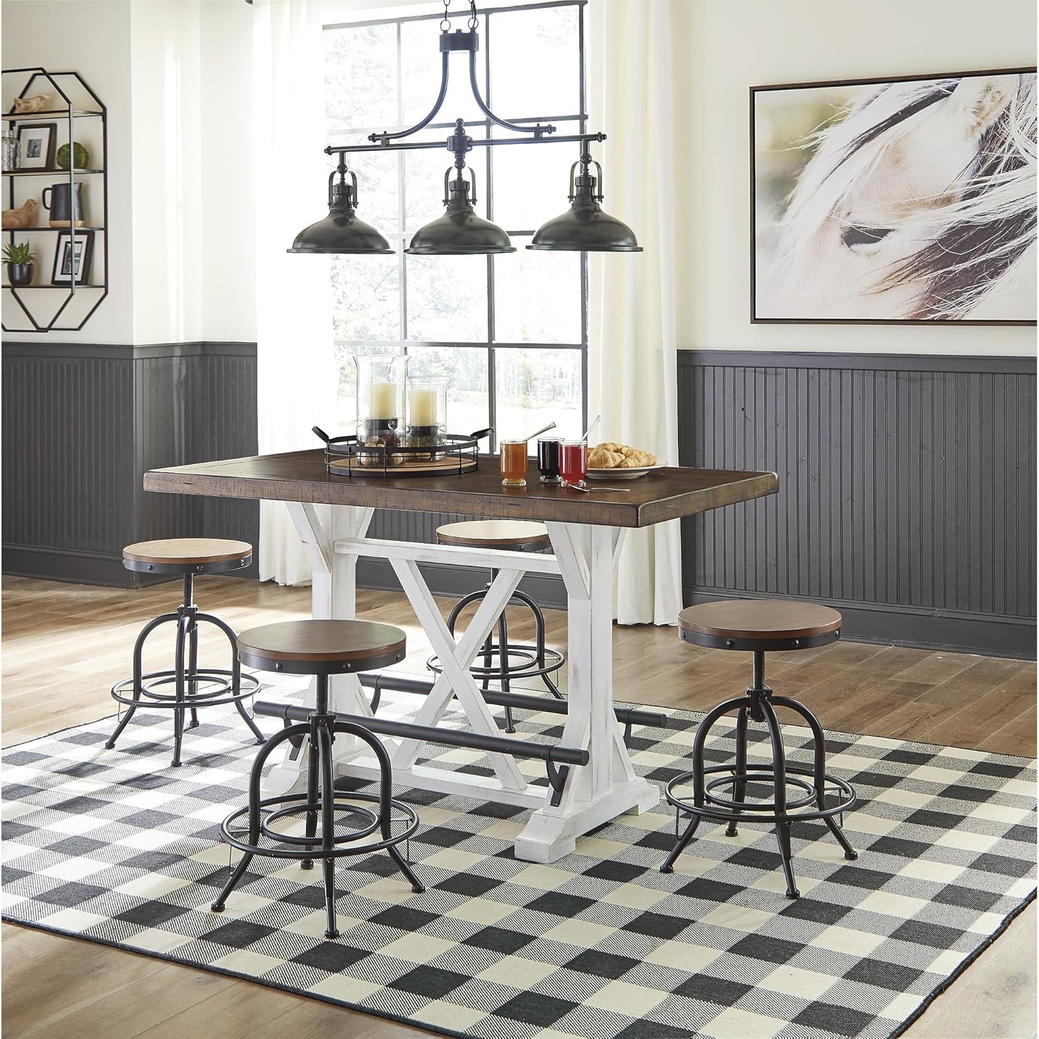 Signature Design by Ashley Valebeck Counter Height Dining Table, Rustic Farmhouse Design, Black Metal Footrest, Seats Up to 4, Great for Small Spaces, White