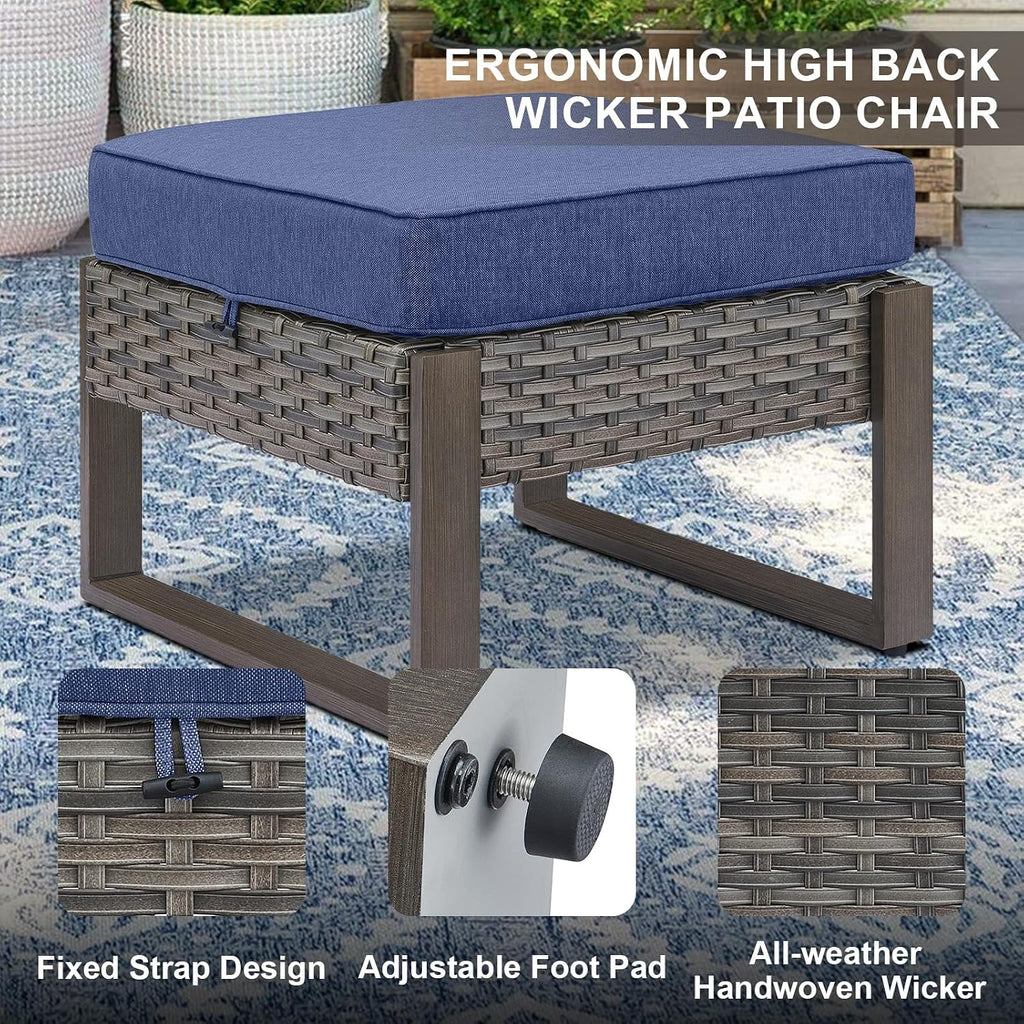 Belord Outdoor Ottomans for Patio - 250 LBS Weight Capacity Wicker Foot Rest Set of 2 with Woodgrain Lacquered Metal Frame Multipurpose Outdoor Foot Stool for Porch Balcony Backyard (Grey/Blue)