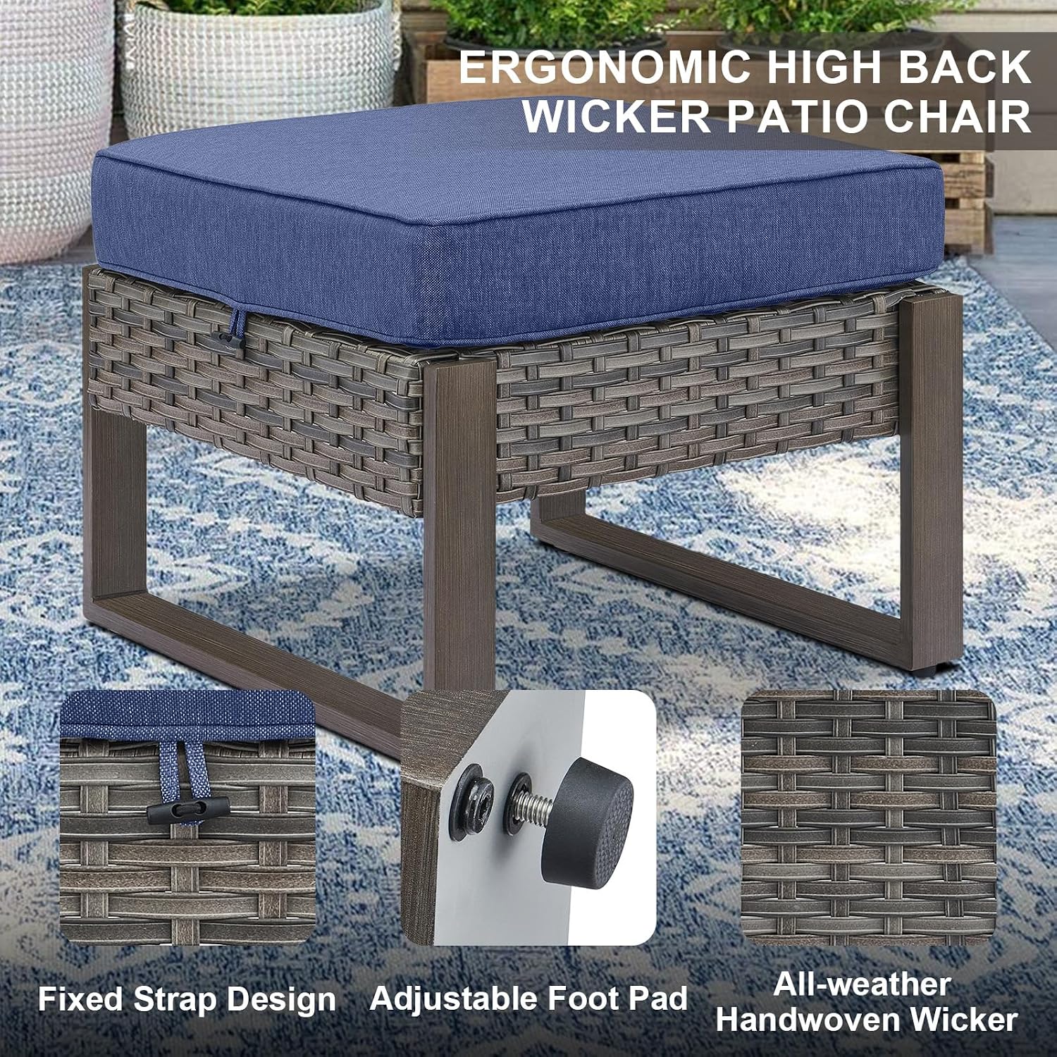 Belord Outdoor Ottomans for Patio - 250 LBS Weight Capacity Wicker Foot Rest Set of 2 with Woodgrain Lacquered Metal Frame Multipurpose Outdoor Foot Stool for Porch Balcony Backyard (Grey/Blue)