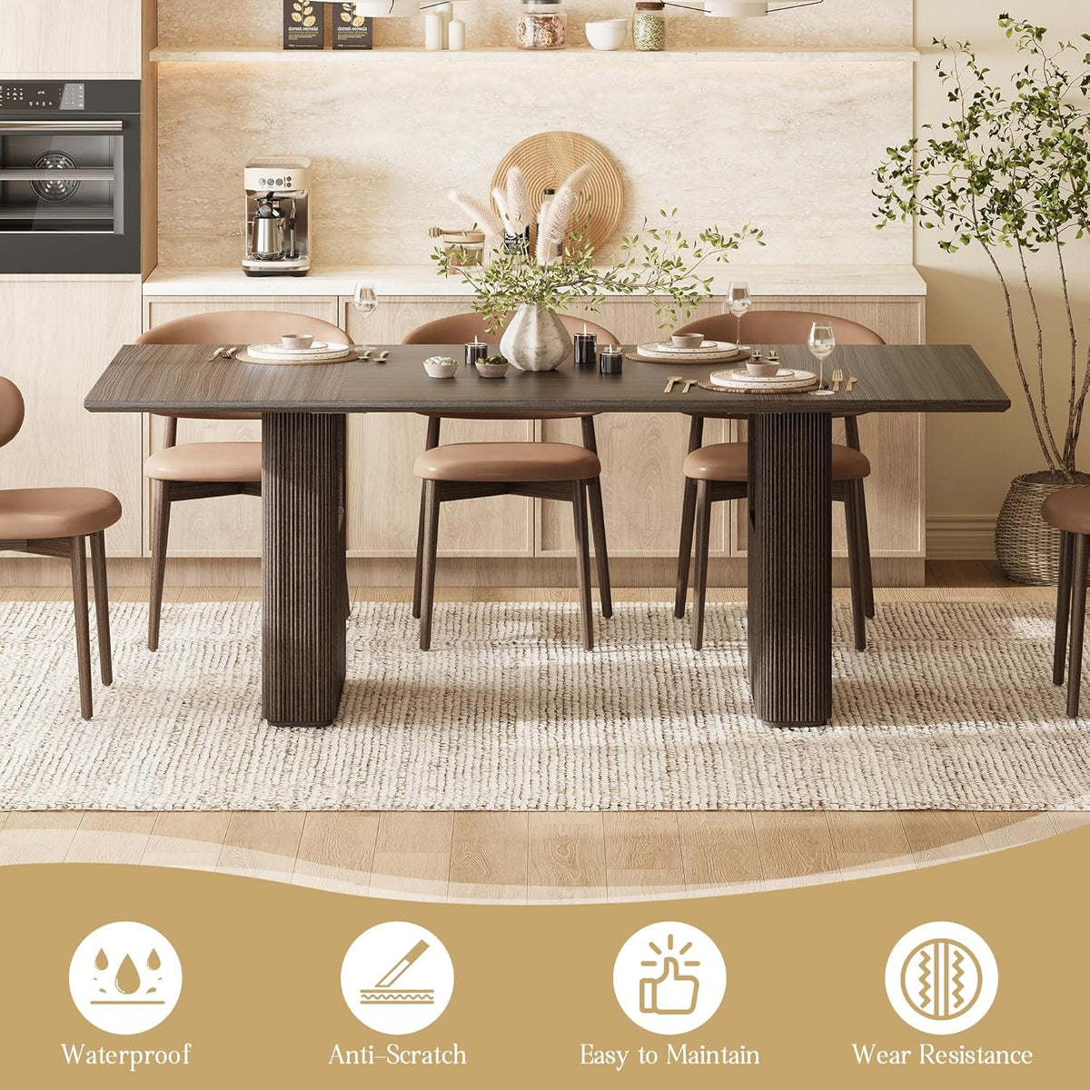 78.5 Inch Dining Table for 4-10 People, Long Large Kitchen Table with Wood Strip Base, Rectangular Kitchen Table, Modern Farmhouse Rectangle Kitchen Dinner Tables for Dining Room Kitchen Living Room