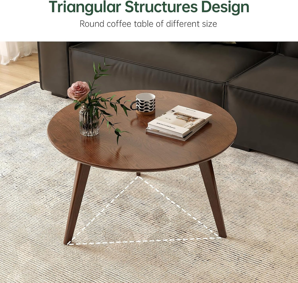 100% Solid Oak Wood Mini Coffee Table, Round Side Table w/Solid Wood Legs, Walnut Mid Century Coffee Table w/Sturdy Frame for Bedroom Balcony Living Room (29.53" D x 17.72" H)