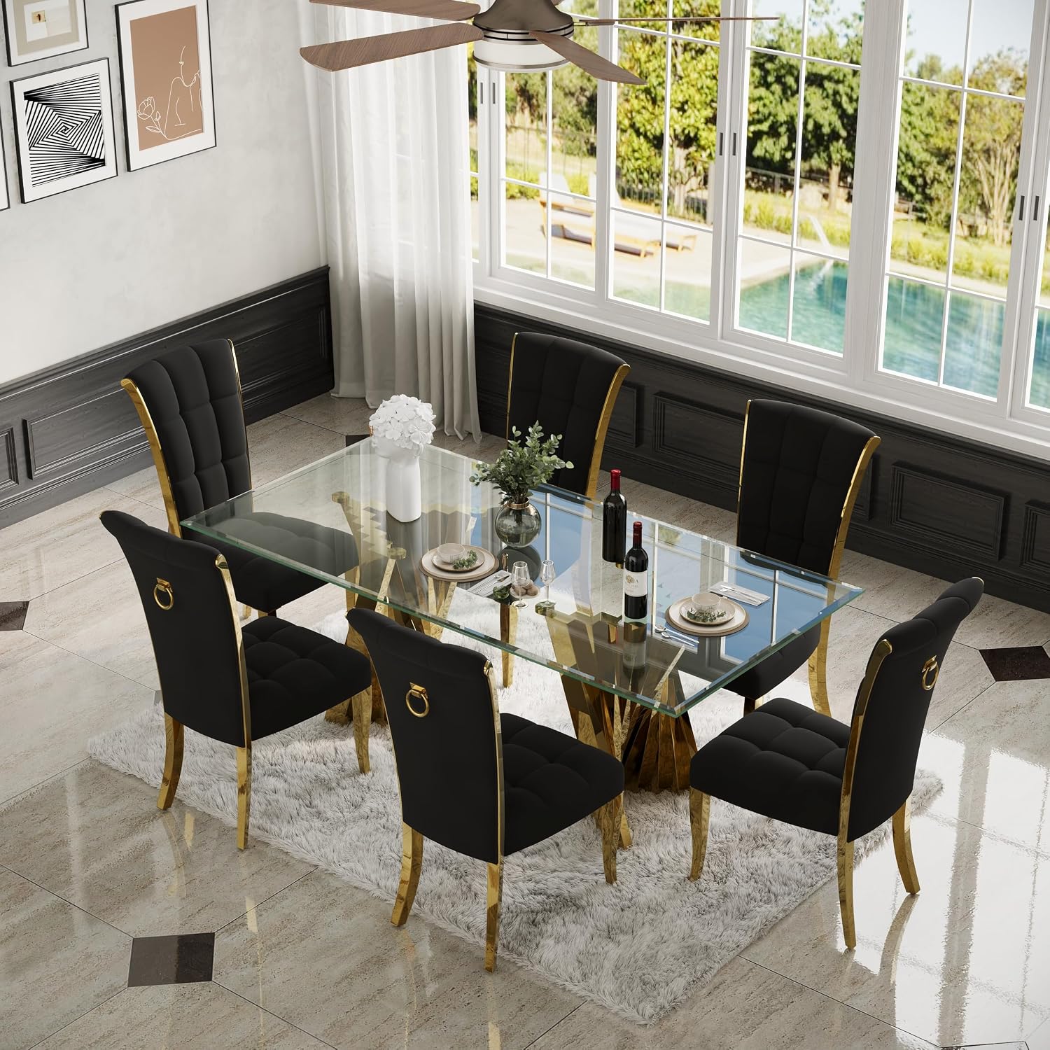 ACEDÉCOR Black and Gold Dining Chairs, Black Velvet Upholstered Chairs with Ring Pull, High Back Dining Chairs with Polished Gold Legs(Set of 2)