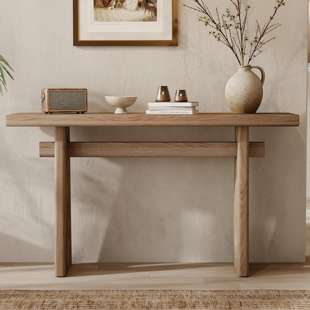 59.25" Long Console Table with Geometric Silhouette, Modern Wooden Hallway Table Accent Sofa Table, Extra Long Entryway Table for Living Room, Foyer, Corridor (Brown)