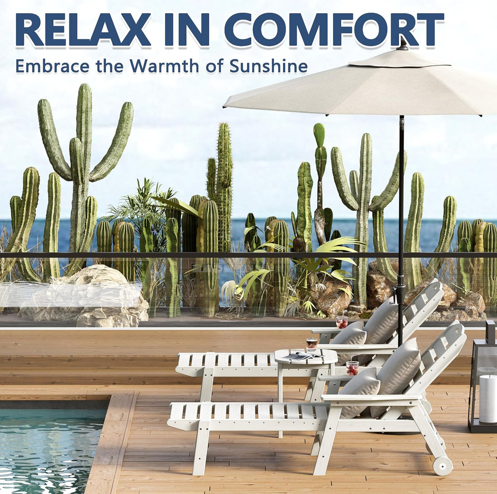 Patio Chaise Lounge Chair Set of 2, HDPE Outdoor Lounge Chairs with 5-Position Adjustable Backrest, Cup Holder and Wheels, 450lbs Capacity for Poolside Deck Backyard, All Weather Material(White)