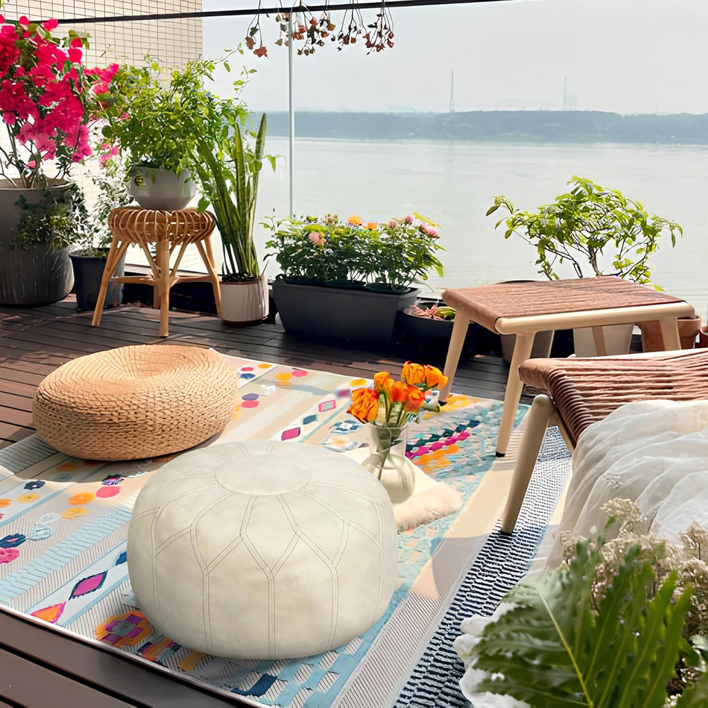 Thgonwid Unstuffed Moroccan Faux Leather Pouf Ottoman Cover with Storage - Boho Chic Multi-Use Footrest for Living Room, Bedroom, Patio - Round Ethnic Floor Cushion & Decorative Accent, Ivory