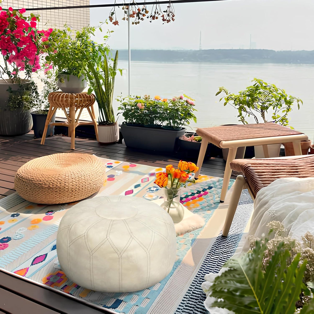 Thgonwid Unstuffed Moroccan Faux Leather Pouf Ottoman Cover with Storage - Boho Chic Multi-Use Footrest for Living Room, Bedroom, Patio - Round Ethnic Floor Cushion & Decorative Accent, Ivory