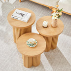 Nesting Coffee Table Set of 3, Fluted Round Nesting Tables Mid Century Modern Coffee Table Boho Wooden Accent End Table Set for Living Room Home Office Small Space