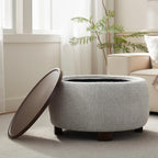 VKNOW 30" Round Storage Ottoman, Ottoman Coffee Table with Removable Wood Top and Solid Wood Legs for Living Room, Bedroom, Apartments (Beige)
