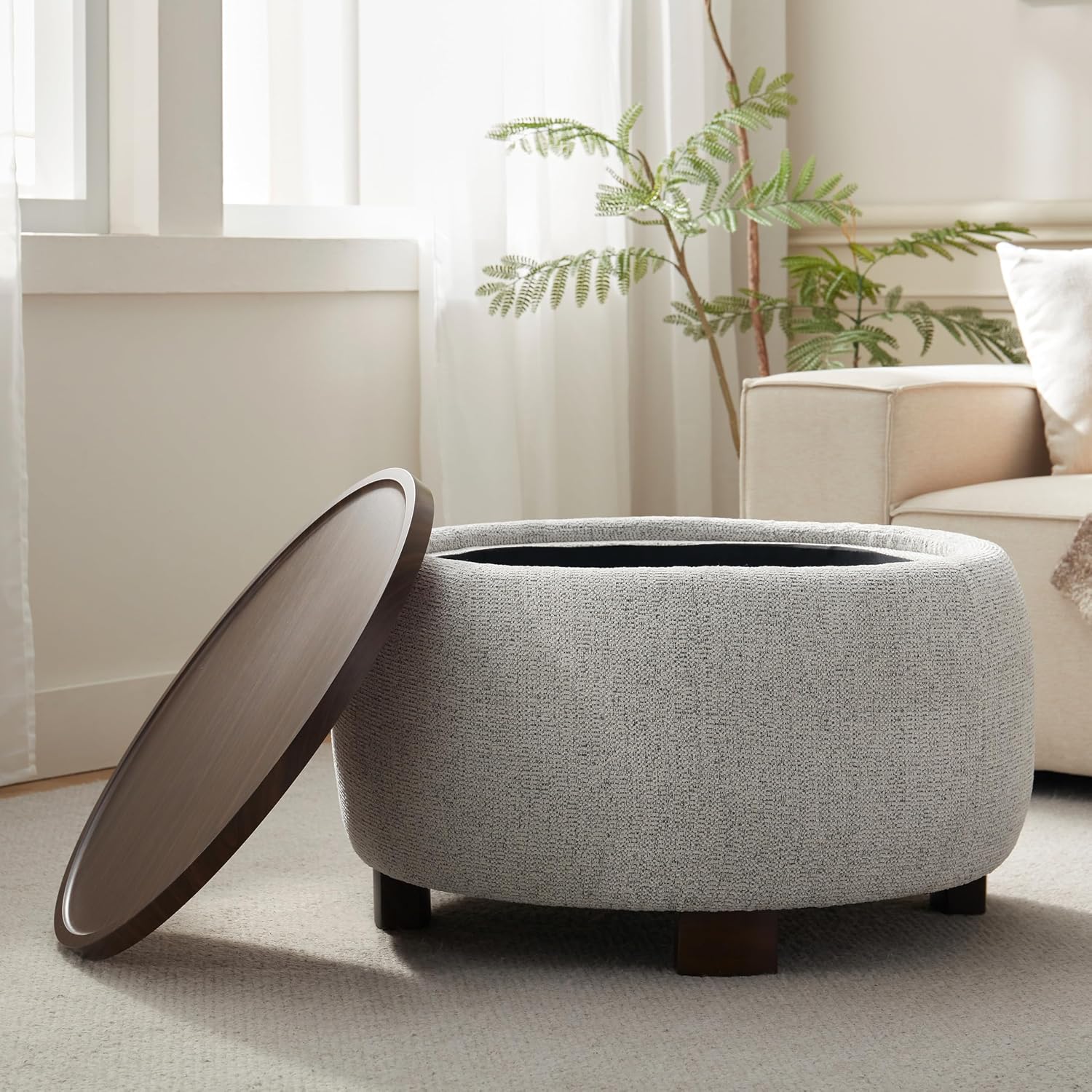 VKNOW 30" Round Storage Ottoman, Ottoman Coffee Table with Removable Wood Top and Solid Wood Legs for Living Room, Bedroom, Apartments (Beige)
