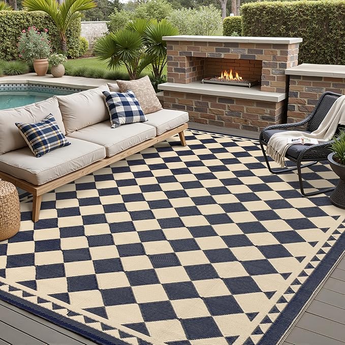 Outdoor Rug for Patios Clearance,Waterproof Mat,Large Outside Carpet,Reversible Plastic Straw Camping Rugs,Rv,Porch,Deck,Camper,Balcony,Backyard (9x12,Checkered/Black&Beige)