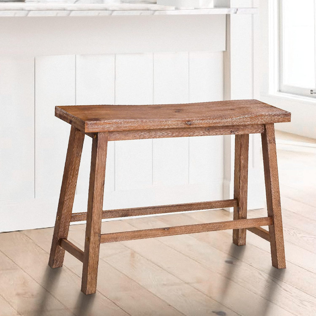 Benjara 33 Inch Saddle Seat Bench, Sandblasted Antique Brown Acacia Wood, Angled Frame Design, Rustic Entryway Bench for Dining Room, Bedroom, Hallway, Living Room and Home Decor