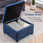 Round Storage Button Tufted Flip Top Ottoman in Deep Blue Velvet Fabric Comfortable Upholstery and Modern Design